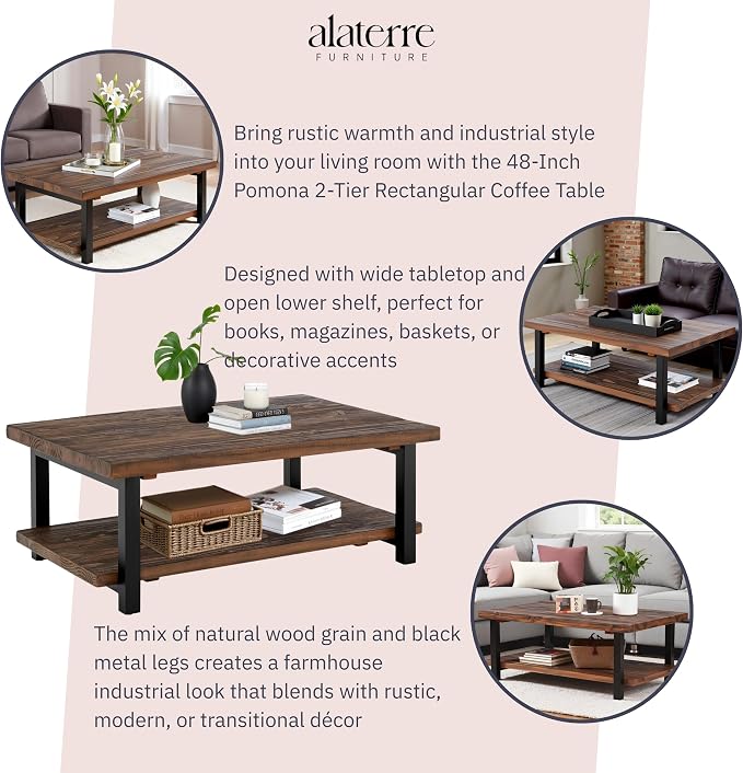 Alaterre Furniture Pomona Living Room 48 Inch Rectangular Solid Wood Coffee - Image 4