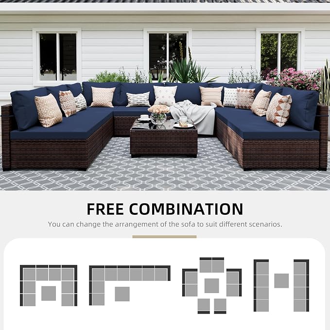 UPHA 9 Pieces Patio Furniture Sets, Wicker Outdoor Sectional Sofa Couch - Image 4
