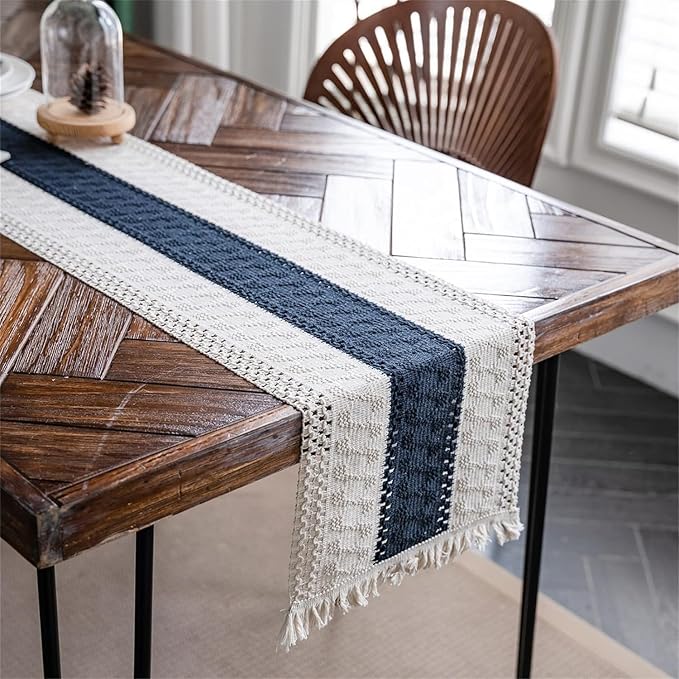 Macrame Table Runner Cream Beige and Blue Boho Table Runners - Image 3