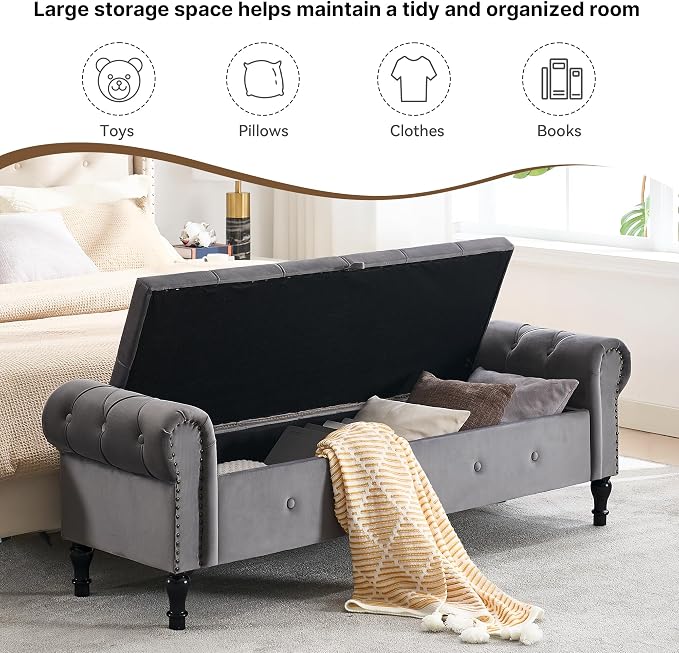 67" Storage Bench for Bedroom, Velvet End of Bed Bench, King Size Bench - Image 4