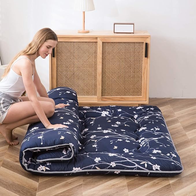 MAXYOYO Navy Floral Printed Japanese Floor Mattress Rustic Style Futon Mattress - Image 5