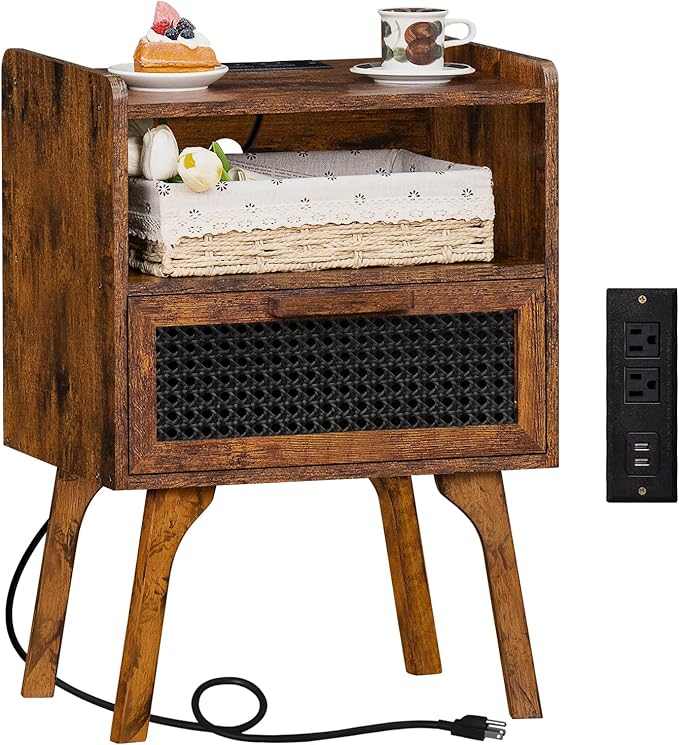 Lerliuo Rattan Nightstand with Charging Station, Side Table with Drawer Open by Lerliuo