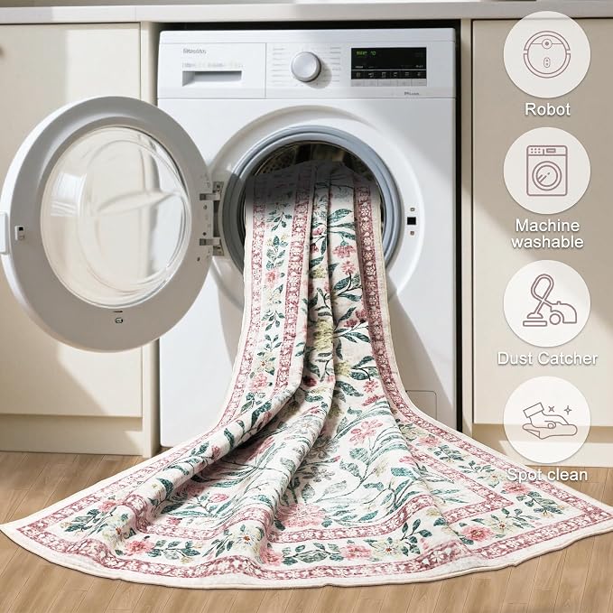 Area Rug Living Room Rugs: Floral 5x7 Washable Rug Vintage Soft Boho Non-Slip - Image 6