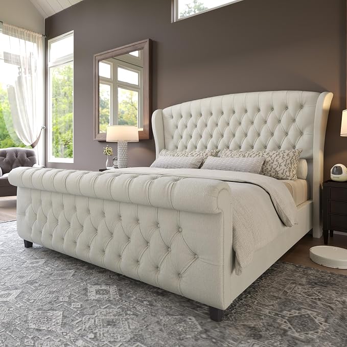 AMERLIFE California King Size Platform Bed Frame, Velvet Upholstered Sleigh Bed by AMERLIFE