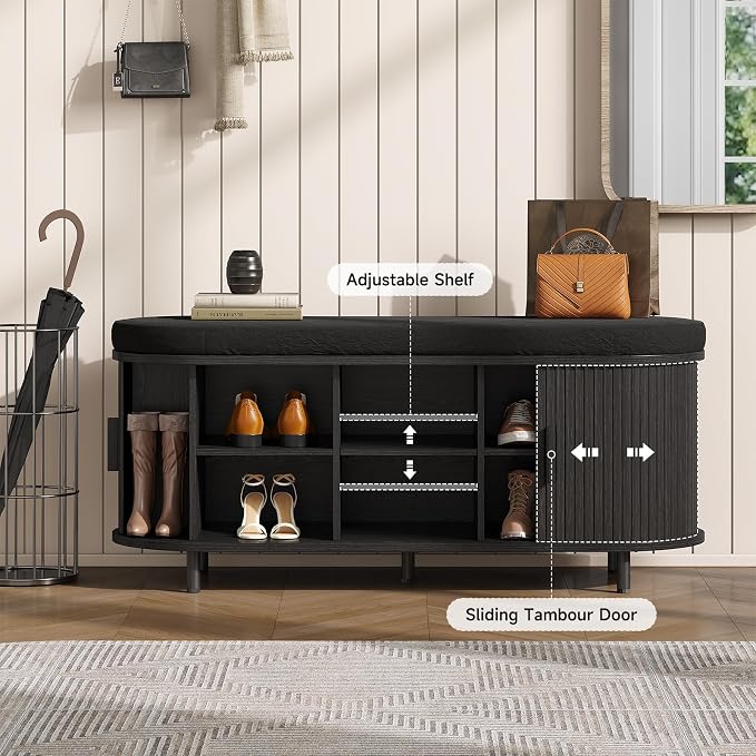 Oval Shoe Storage Bench with Padded Seat Cushion, 2-Tier Fluted Shoe Cabinet - Image 6