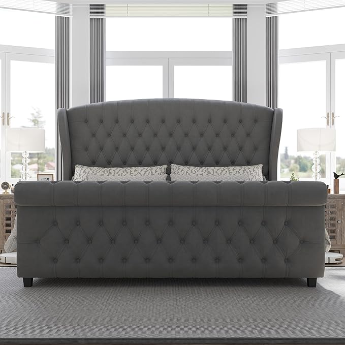 AMERLIFE California King Size Platform Bed Frame, Velvet Upholstered Sleigh Bed - Image 3