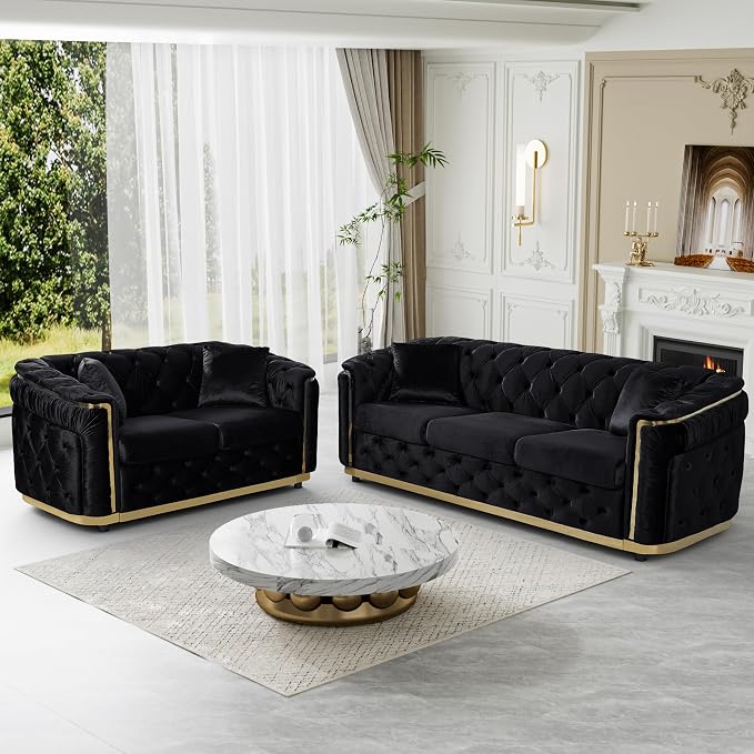 DAMAIFROM Velvet Couch Black and Gold Sofa Luxury Loveseat 84.6" Mid Century - Image 6