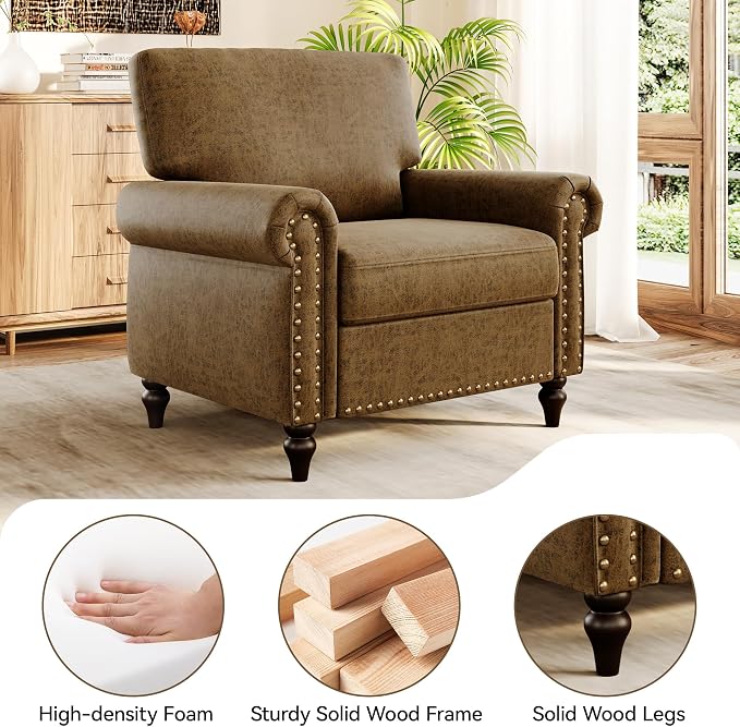 Nailhead Trim Accent Chair, Faux Leahter Mid Century Modern Living Room Arm - Image 4