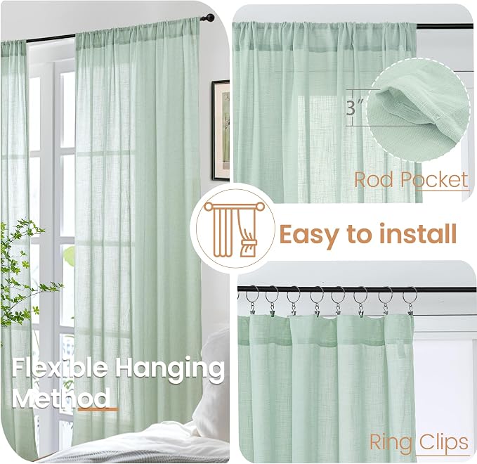 BGment Light Green Linen Semi Sheer Curtains 45 Inch Length - Image 6