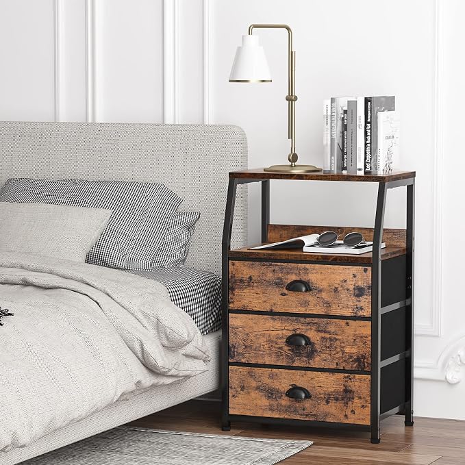 Furnulem Nightstand with 3 Drawers and 2-Tier Shelf, Fabric Small Dresser - Image 2