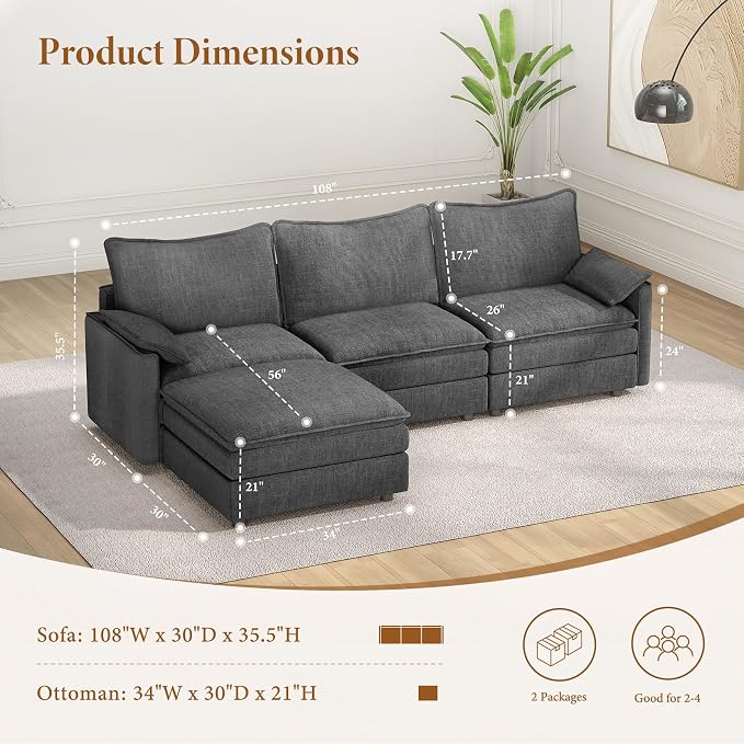 Vesgantti 108" Modular Sectional Sofa, Comfy Cloud Couch - Image 2