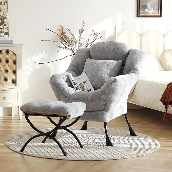 Lazy Chair with Ottoman, Large White Gray Lounge Accent Chair with Ottoman and - Image 2