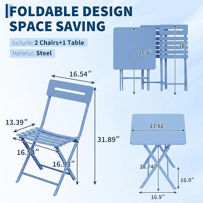 GarveeTech 3-Piece Folding Bistro Set, Heavy Duty Outdoor Patio Furniture - Image 3