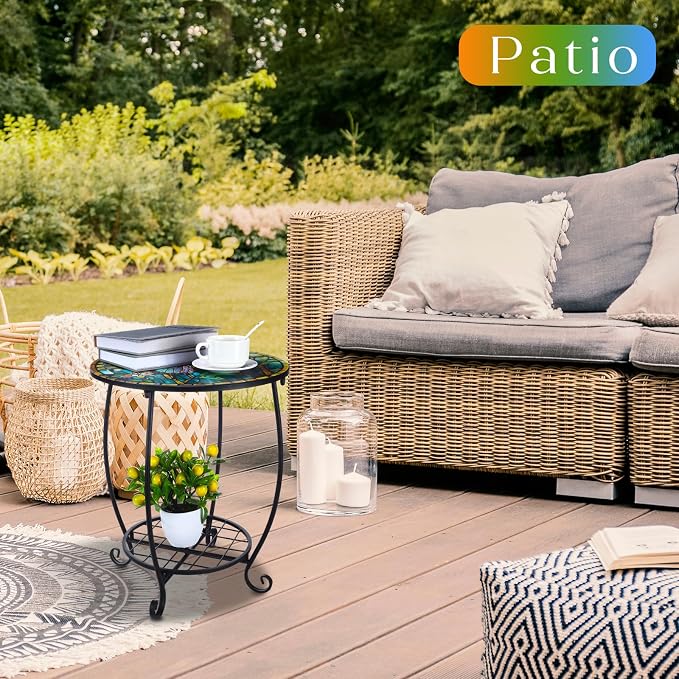 Cinnvoice Outdoor Side Table Round Small Mosaic Patio Accent Indoor End Plant - Image 2