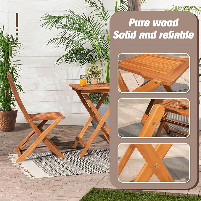 Devoko Outdoor 3 Piece Folding Patio Bistro Set Acacia Wood Bistro Table and - Image 6