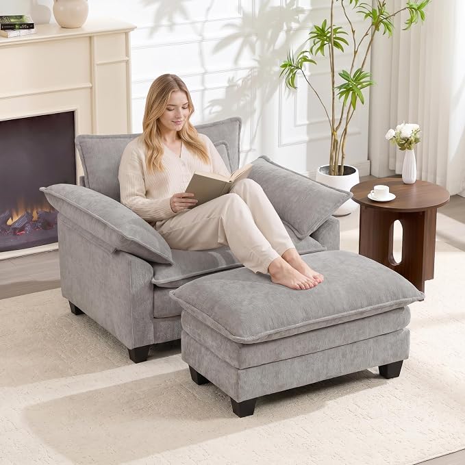 Oversized Accent Chair with Ottoman Set of 2, Upholstered Armchair with Extra - Image 6