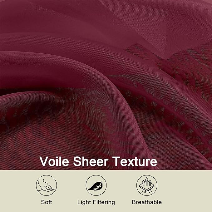 Burgundy Sheer Curtains for Bedroom Living Room 96 Inches Long 2 Panels - Image 3