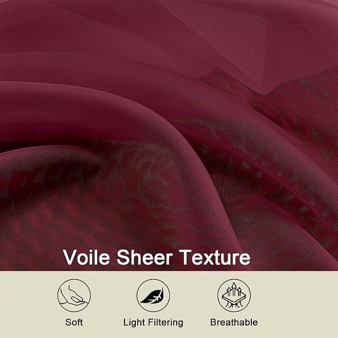 Sheer Burgundy Curtains for Bedroom Living Room 90 Inches Long 2 Panels Set - Image 3