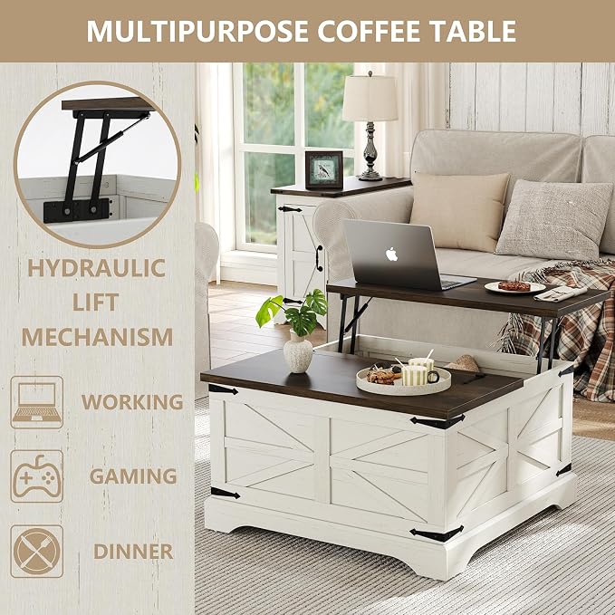 Furnideco Farmhouse Lift Top Coffee Table, Square Wood Center Table - Image 7