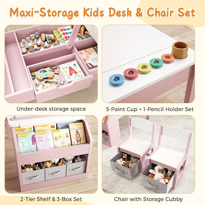 5-in-1 Kids Art Table and Chairs, Wood Toddler Table and Chair Set - Image 6