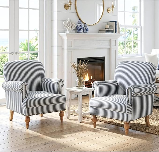 Blue Striped Linen Fabric Accent Chairs Set of 2, Coastal Upholstered Armchairs by DMFurniture