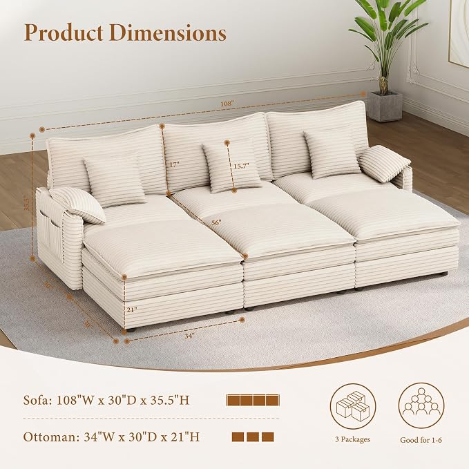 Vesgantti 108" Cloud Couch for Living Room, t6 Seats Deep Seat Sectional - Image 2