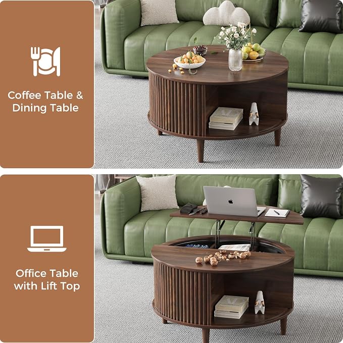 Round Coffee Table with Storage, Fluted Lift Top Coffee Table - Image 5