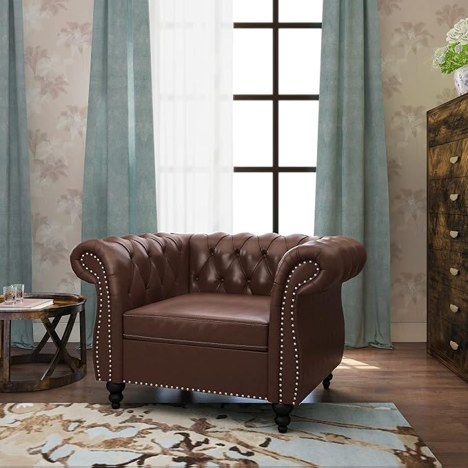 ORRD 2 Piece Living Room Set, Chesterfield Leather Sofa Couch Chair - Image 4
