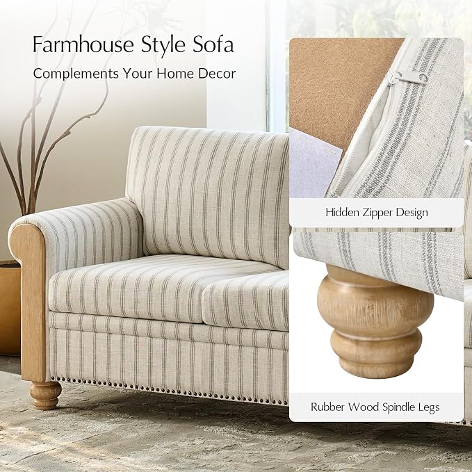 EcoHarbor Living 3-Seater Couch, Stripe 81" Mid-Century Modern Upholstered Sofa - Image 8