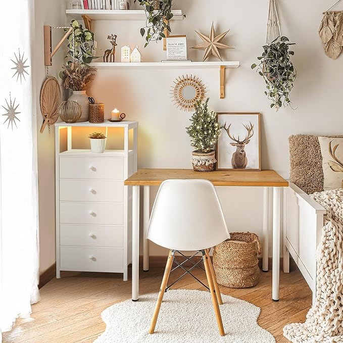 BOLUO White Dresser with 5 Drawers Tall Nightstand with Charging Station and - Image 2