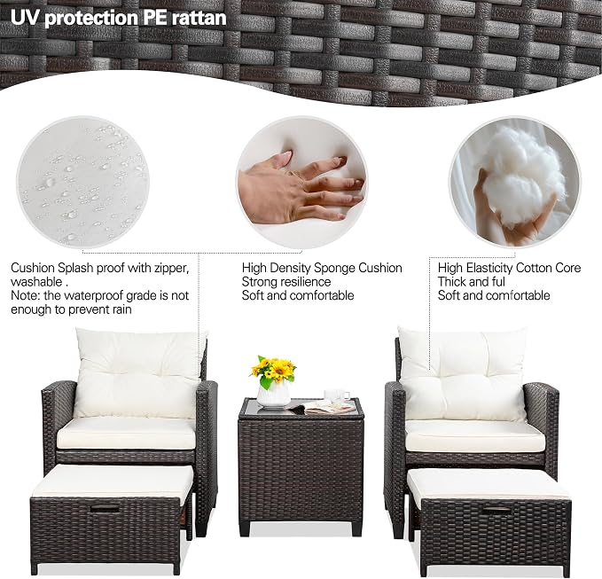 Vongrasig Patio Chair with Ottoman, 5 Pieces Patio Furniture Set Small Balcony - Image 5