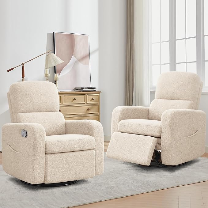 Swivel Rocker Recliner, Oversized Manual Boucle Nursery Glider Rocking Recliner - Image 9