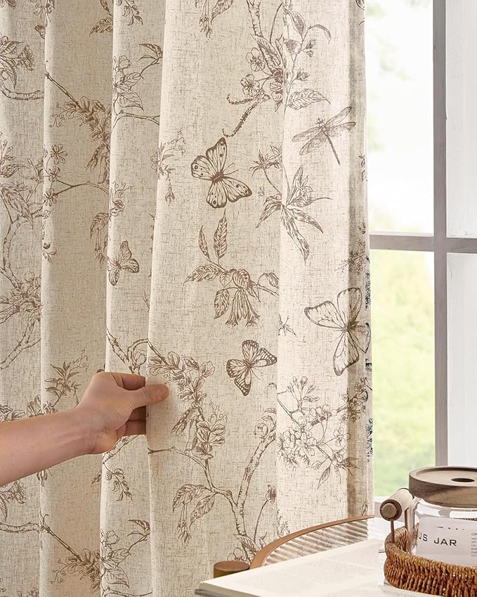 jinchan Floral Linen Curtains for Living Room 96 Inch Length Butterfly Curtain - Image 3