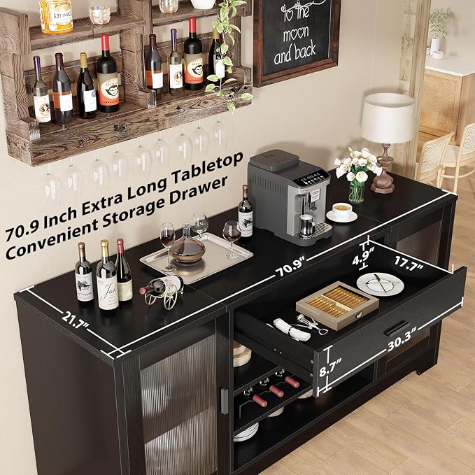 HSH Long Bar Cabinet with Fridge Space, Modern Wood Coffee Wine Liquor Cabinet - Image 5