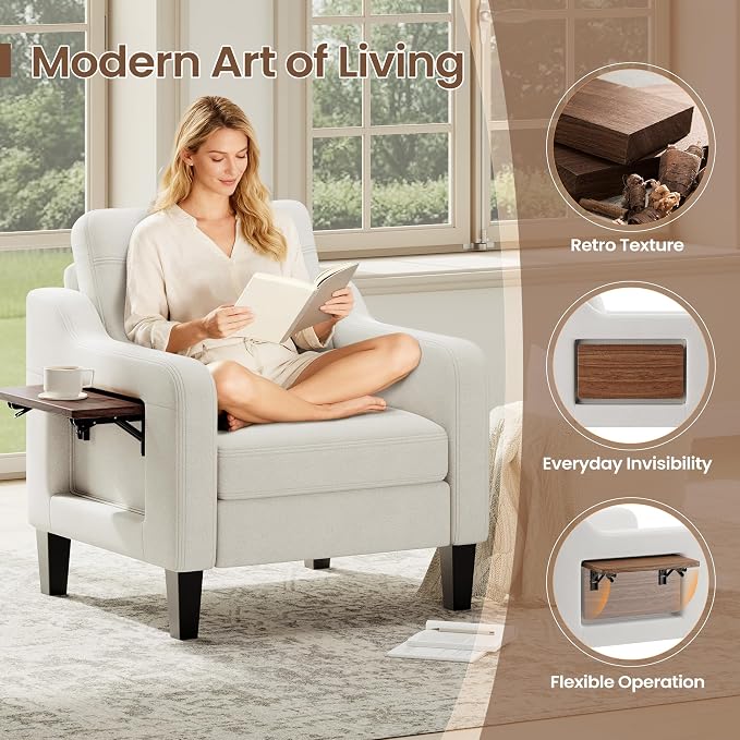 Accent Chair for Living Room Modern Linen Upholstered Armchair Side Wooden - Image 4
