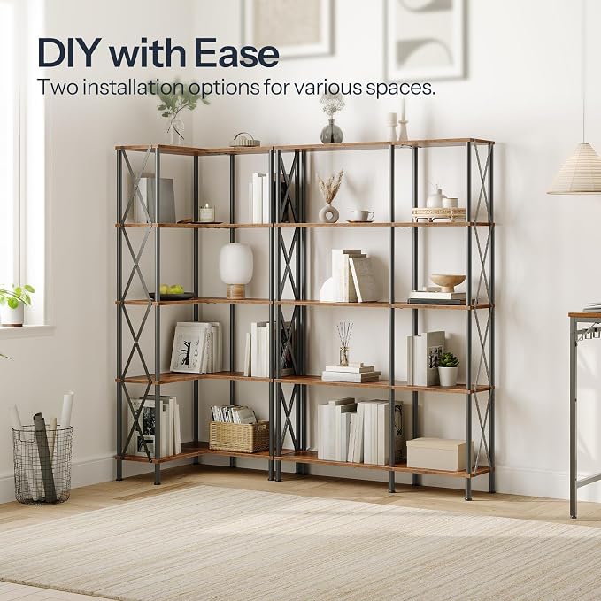 HOOBRO Corner Bookshelf, 5-Tier L-Shaped Bookcase, Industrial Open Display - Image 4