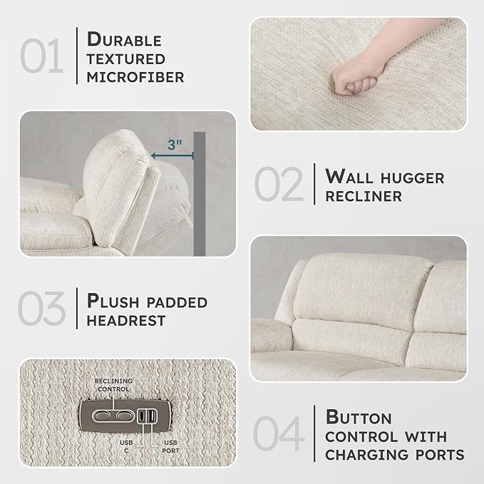 Lexicon Power Double Reclining Sofa, Textured Microfiber Wall Hugger Recliner - Image 3