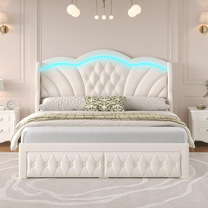 Keyluv Full Bed Frame Arc-Shaped LED Lights and 47.2" Height Wingback Bed - Image 3