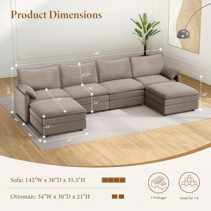 Vesgantti 142" U Shaped Sectional Couch, Comfy Cloud Modular Sectional Sofa - Image 2