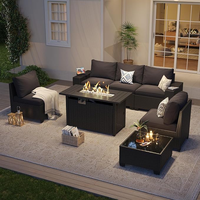 Aoxun Patio Furniture Set with 44'' Fire Pit Table, Widen Armrests Wicker - Image 2
