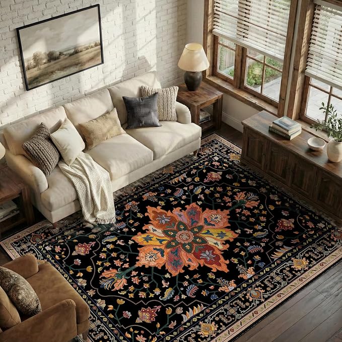 RELEANY Area Rugs 6'x9' Washable Non-Slip, Floral Vintage Distress Print by RELEANY