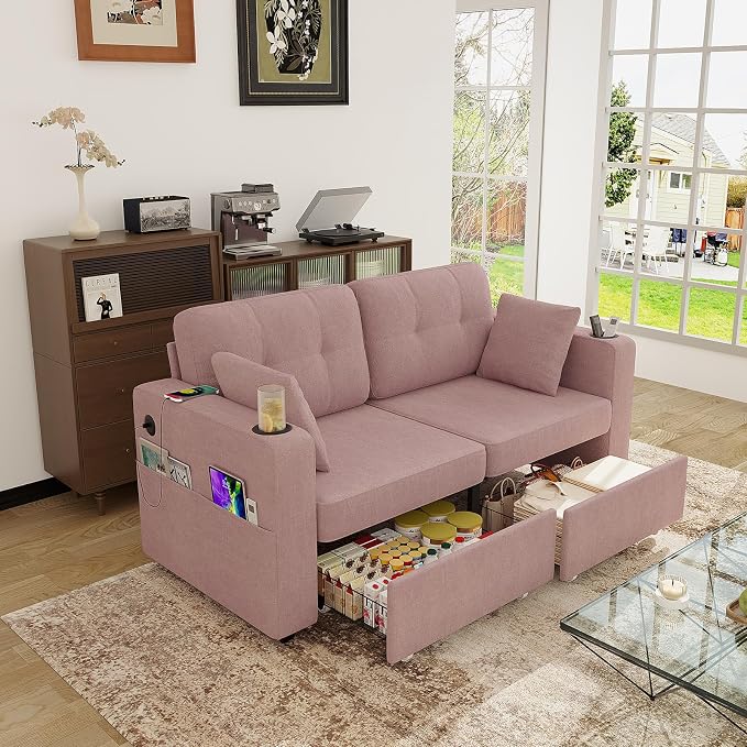 67" Small Loveseat Couch with Storage, USB Charging and Cup Holder, Space - Image 2