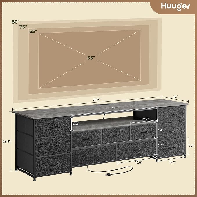 Huuger 70 Inch TV Stand for 75, 80 Inch TV, 11 Drawer Long Dresser - Image 3