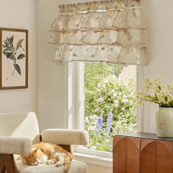 jinchan Ruffled Kitchen Valance Pom-Pom Voile Valance Curtains Sheer Shabby - Image 3