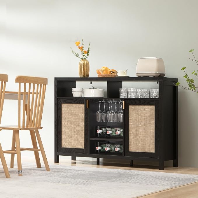 SICOTAS Rattan Coffee Bar Cabinet, Modern Liquor Wine Cabinet Set of 2 Credenza - Image 8