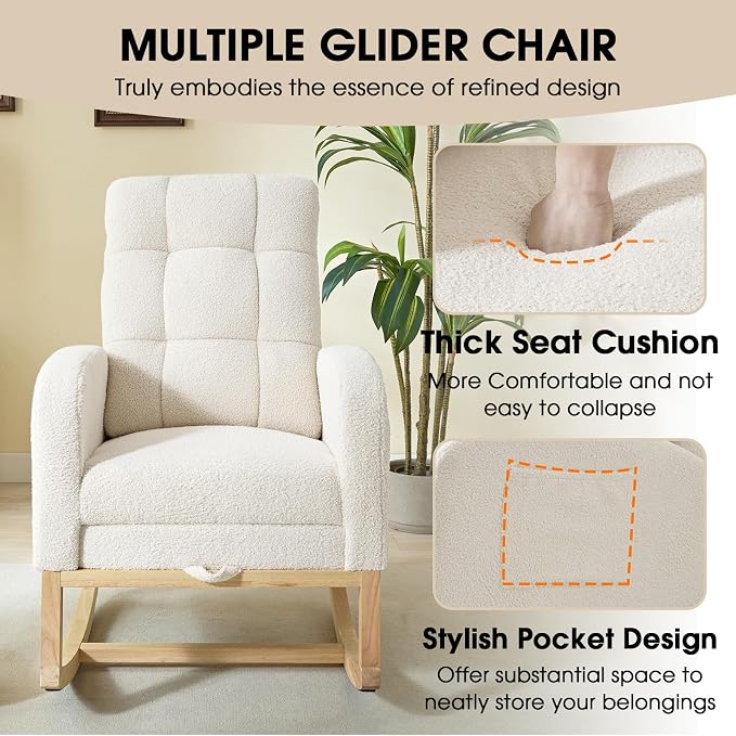 NIOIIKIT Modern Nursery Rocking Chair, Teddy Upholstered Rocking Chair - Image 7