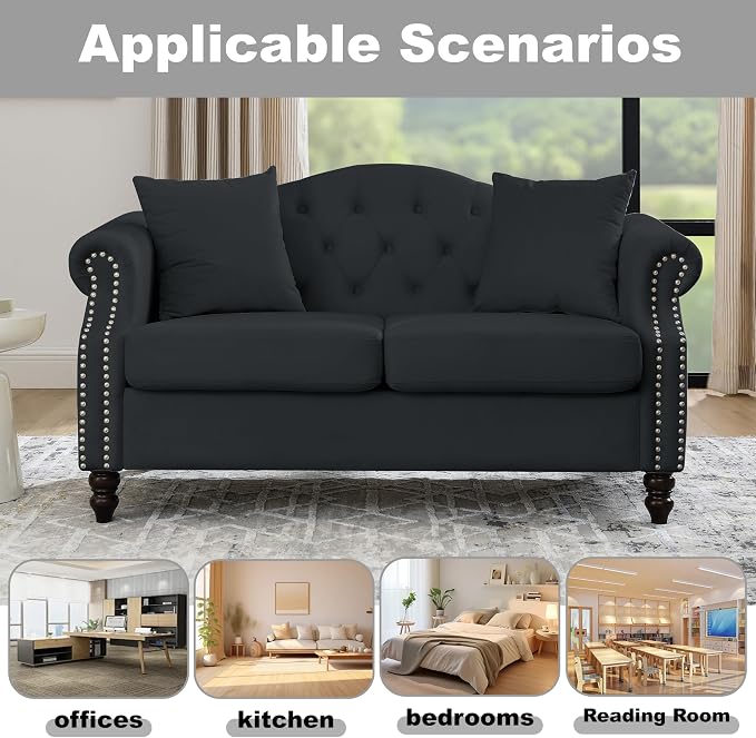 57" Chesterfield Black Velvet 2-Seater Sofa - Image 5