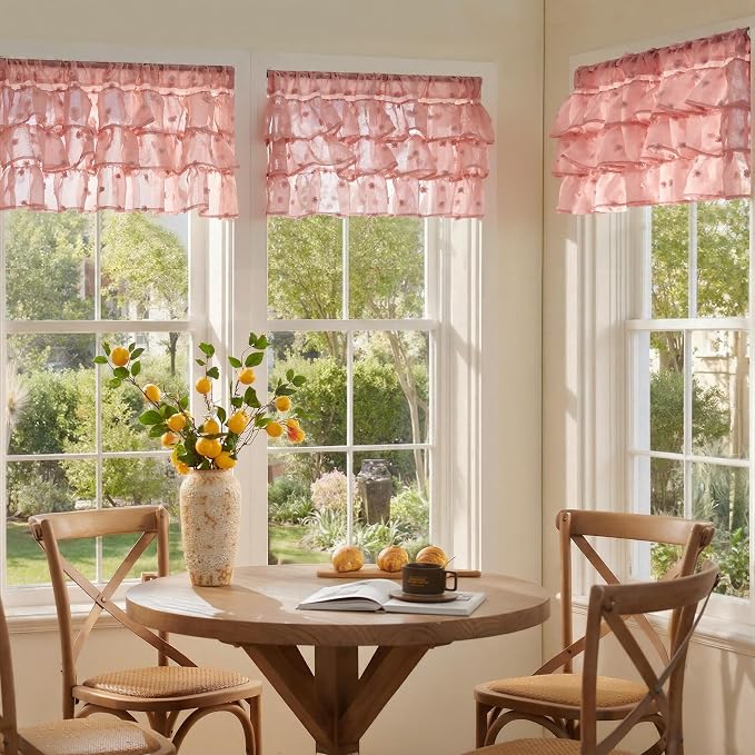 jinchan Ruffled Kitchen Valance Pom-Pom Voile Valance Curtains Sheer Shabby - Image 4