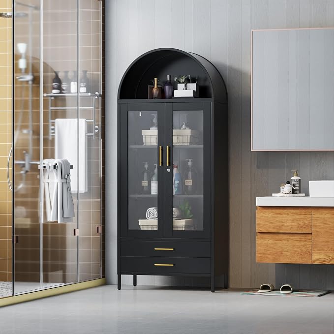 73" Tall Display Cabinet with Glass Doors and 2 Drawers, Metal Arched Cabinet - Image 6