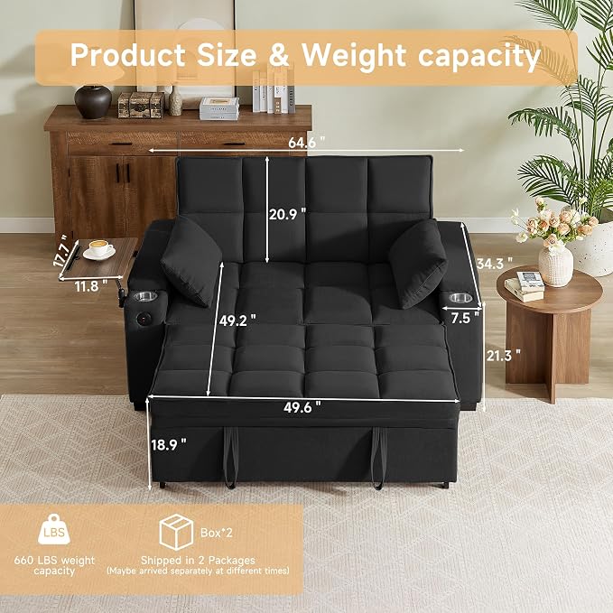 Auvsoce 65" Sleeper Sofa Bed Loveseat, Convertible Couch - Image 2